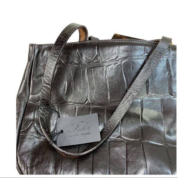 Falor Deep Brown Crocodile Embossed Leather Shoulder Bag Purse Calf Hair Strap - Picture 6 of 13